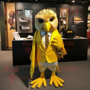 Lemon Yellow Haast'S Eagle mascot costume character dressed with a Suit Pants and Scarf clips