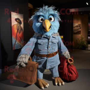 nan Hawk mascot costume character dressed with a Denim Shirt and Handbags