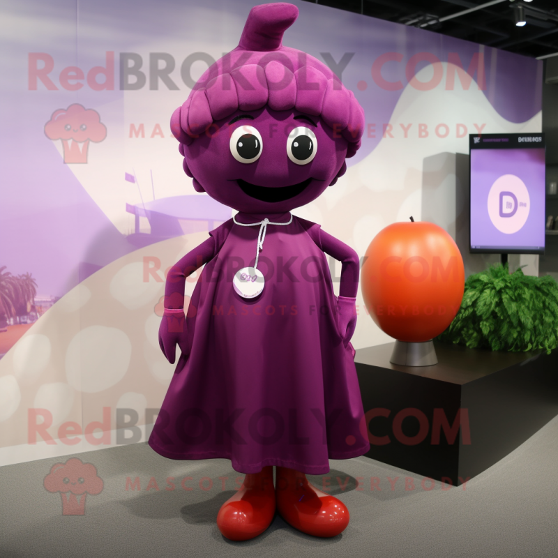 Magenta Grape mascot costume character dressed with a Wrap Skirt and Shoe laces