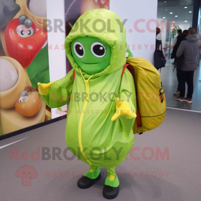 Lime Green Currywurst mascot costume character dressed with a Raincoat and Backpacks