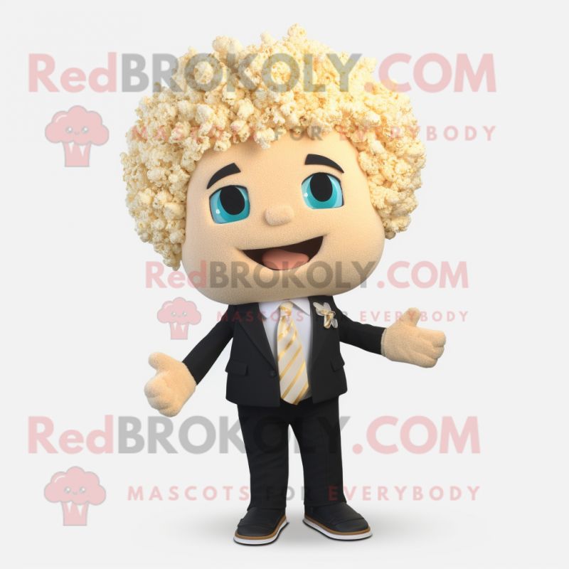 Beige Pop Corn mascot costume character dressed with a Blazer and Hair clips