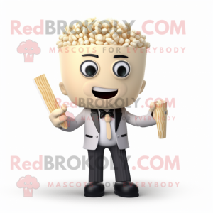 Beige Pop Corn mascot costume character dressed with a Blazer and Hair clips