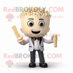 Beige Pop Corn mascot costume character dressed with a Blazer and Hair clips