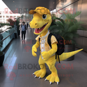 Lemon Yellow Spinosaurus mascot costume character dressed with a Flare Jeans and Backpacks