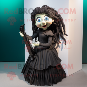 Black Celtic Harp mascot costume character dressed with a Pleated Skirt and Hair clips