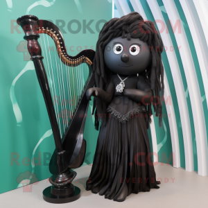 Black Celtic Harp mascot costume character dressed with a Pleated Skirt and Hair clips