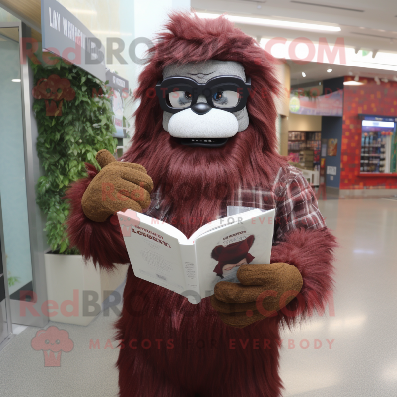 Maroon Sasquatch mascot costume character dressed with a Dress Shirt and Reading glasses
