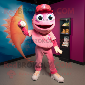 Pink Fish Tacos mascot costume character dressed with a Baseball Tee and Foot pads