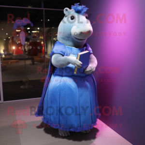 Blue Capybara mascot costume character dressed with a Evening Gown and Wallets