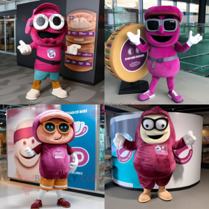 Magenta Bagels mascot costume character dressed with a Cargo Shorts and Reading glasses