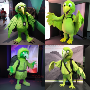 Lime Green Vulture mascot costume character dressed with a Bodysuit and Backpacks