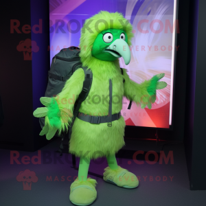 Lime Green Vulture mascot costume character dressed with a Bodysuit and Backpacks