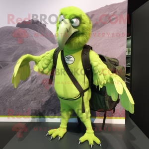 Lime Green Vulture mascot costume character dressed with a Bodysuit and Backpacks