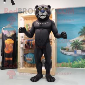 Black Smilodon mascot costume character dressed with a One-Piece Swimsuit and Lapel pins