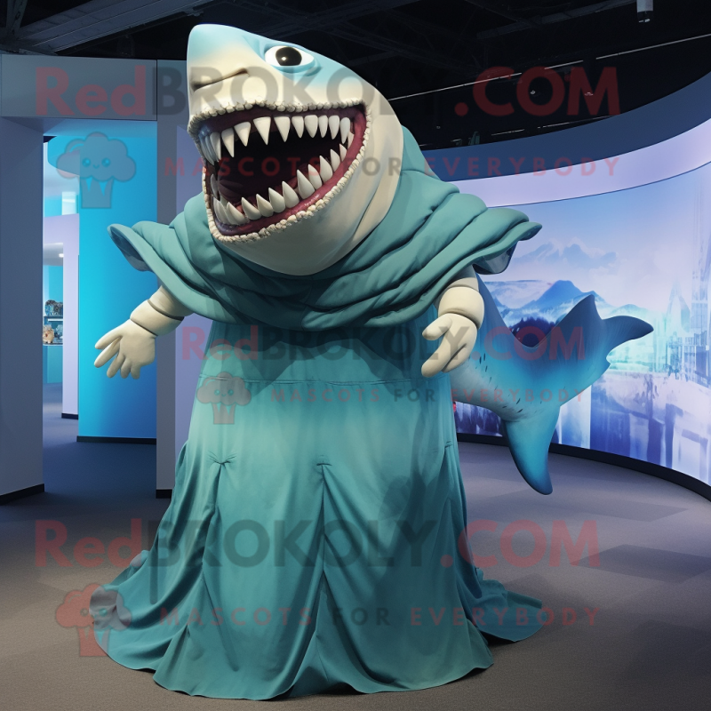 Cyan Megalodon mascot costume character dressed with a Pleated Skirt and Wraps