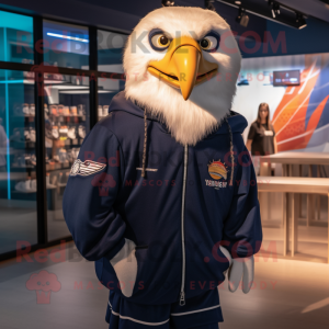 Navy Haast'S Eagle mascot costume character dressed with a Hoodie and Hair clips