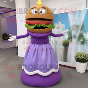 Lavender Hamburger mascot costume character dressed with a Evening Gown and Clutch bags