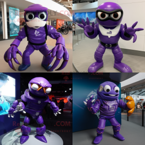 Purple Crab mascot costume character dressed with a Moto Jacket and Rings