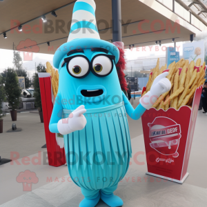 Sky Blue French Fries mascot costume character dressed with a Maxi Skirt and Reading glasses