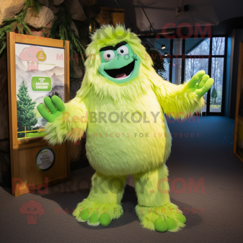 Lime Green Yeti mascot costume character dressed with a Coat and Bow ties