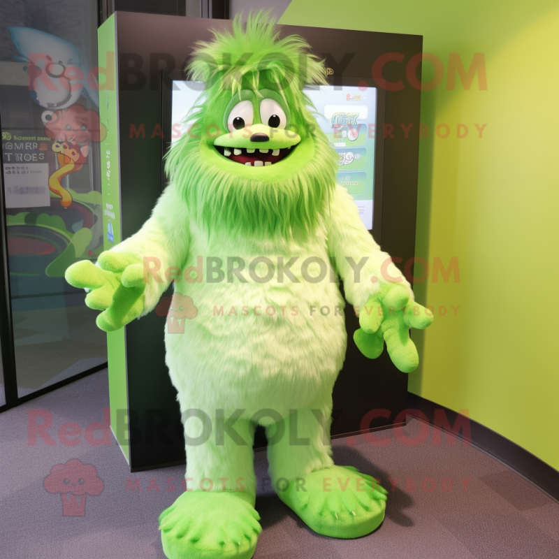 Lime Green Yeti mascot costume character dressed with a Coat and Bow ties