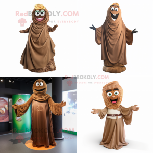 Brown Falafel mascot costume character dressed with a Evening Gown and Scarves