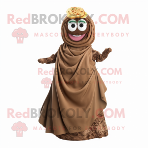 Brown Falafel mascot costume character dressed with a Evening Gown and Scarves