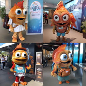 Rust Fish Tacos mascot costume character dressed with a T-Shirt and Backpacks