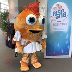 Rust Fish Tacos mascot costume character dressed with a T-Shirt and Backpacks