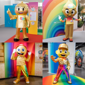 Gold Rainbow mascot costume character dressed with a Flare Jeans and Lapel pins
