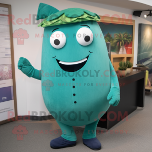 Teal Cucumber mascot costume character dressed with a Chinos and Belts