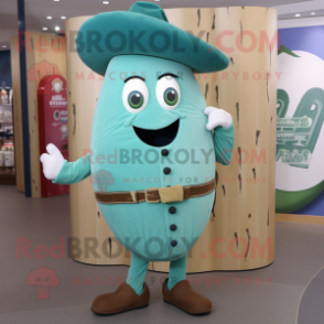 Teal Cucumber mascot costume character dressed with a Chinos and Belts