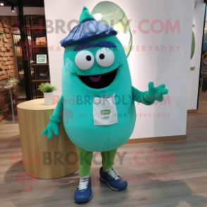 Teal Cucumber mascot costume character dressed with a Chinos and Belts