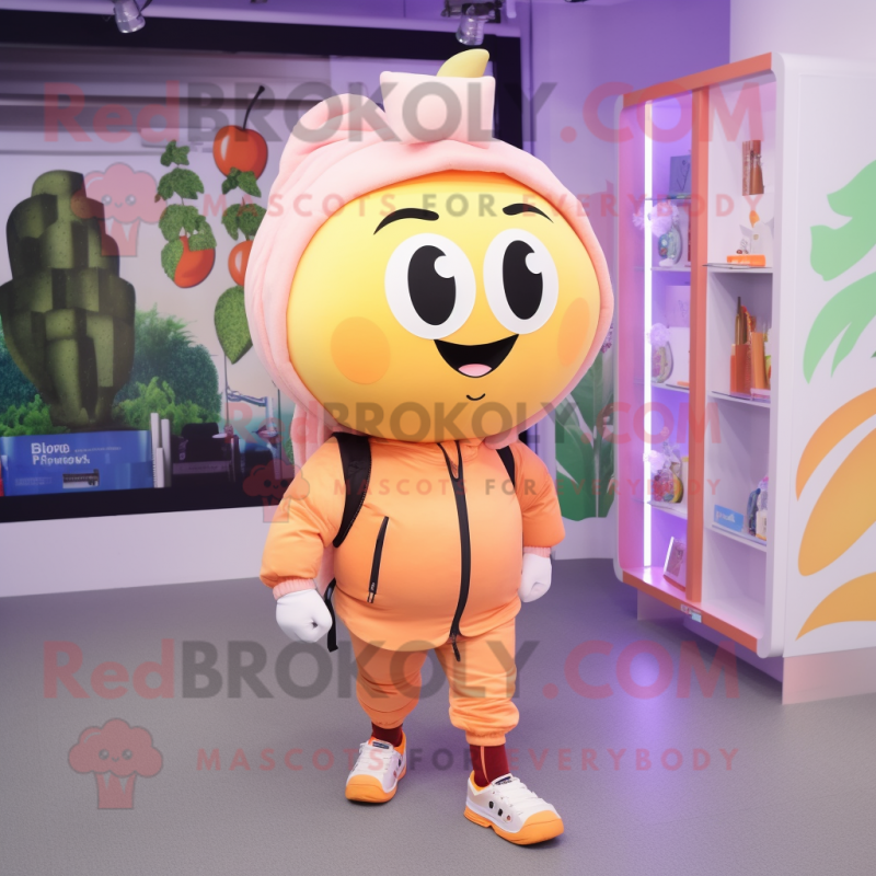 Peach Scented Candle mascot costume character dressed with a Joggers and Backpacks