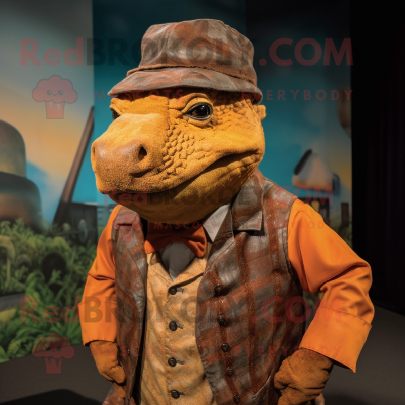 Rust Ankylosaurus mascot costume character dressed with a Waistcoat and Berets