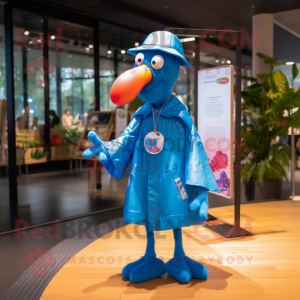 Blue Flamingo mascot costume character dressed with a Raincoat and Necklaces