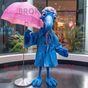 Blue Flamingo mascot costume character dressed with a Raincoat and Necklaces