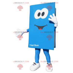 Gigantische blauw-witte boekmascotte. Boek kostuum -