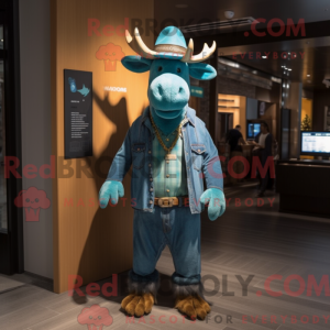 Cyan Moose mascot costume...