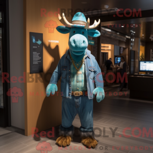 Cyan Moose maskot kostym...