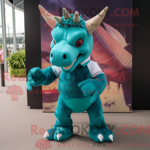 Teal Triceratops mascot...