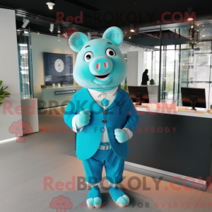 Cyan Pig maskot kostume...