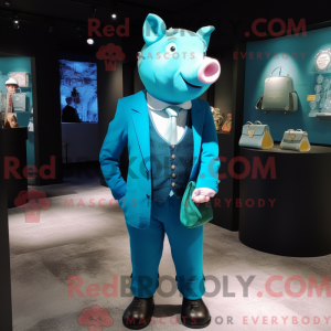 Cyan Pig maskot kostume...