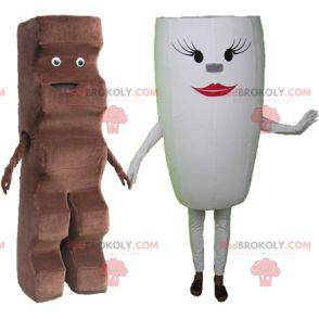 2 mascottes : une barre chocolatée et une tasse blanche -