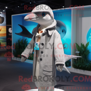 Grå delfinmaskotdraktfigur...