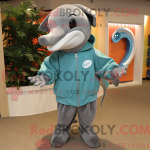 Grå delfinmaskotdraktfigur...