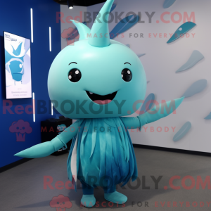 Cyan Narwhal mascot costume...