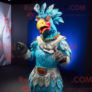 Cyan Rooster mascot costume...
