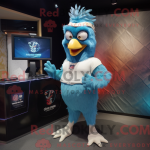 Cyan Rooster mascot costume...