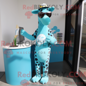 Cyan Giraffe maskot drakt...